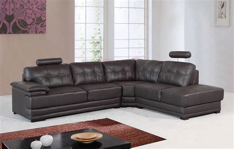 Dark Brown Leather Modern Sectional Sofa w/Adjustable Headrests