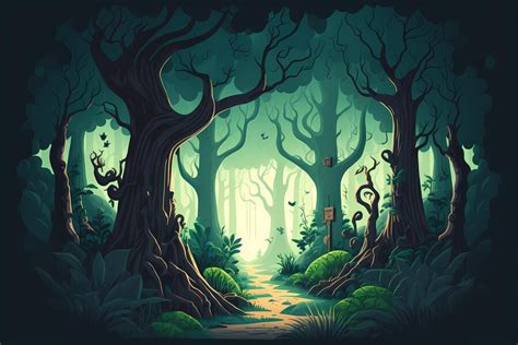 Premium Photo | Background mystical forest illustration, cartoon style ...