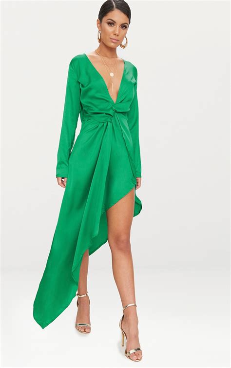 Bright Green Asymmetric Hem Long Sleeve Plunge Satin Maxi Dress ...