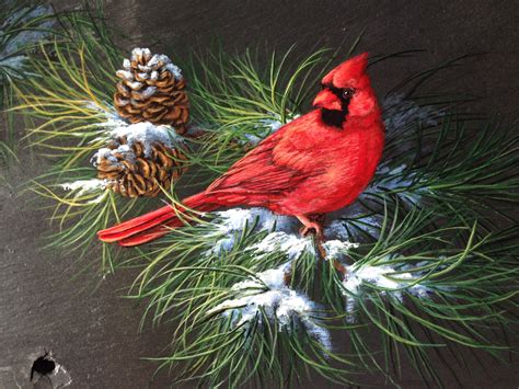 Male cardinal painting on slate by sherrylpaintz | Bird paintings on ...