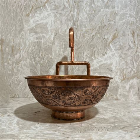 Artisanal Copper Vessel Sink , Engraved Handmade Copper Sink Bathroom ...