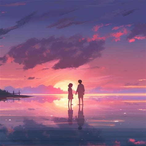 Premium AI Image | anime couple standing on the beach at sunset with ...