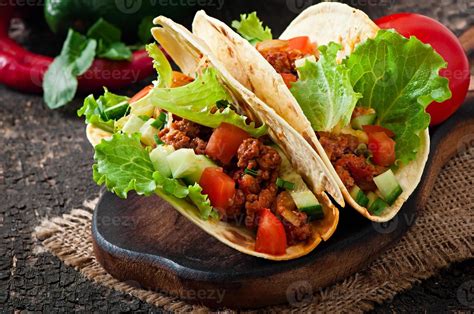 Mexican tacos with meat, vegetables and cheese 852338 Stock Photo at ...