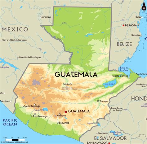 Large physical map of Guatemala with major cities | Guatemala | North ...