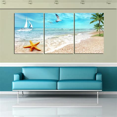 3 Panel Large Beach Canvas Seascapes Palm Tree Paintings 3 Piece Wall ...