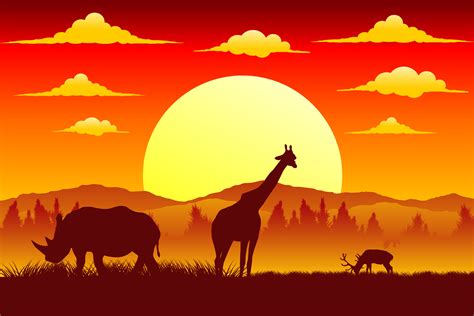 Silhouette of Sunset in Safari Landscape Graphic by edywiyonopp ...