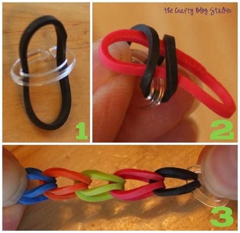 four pictures showing how to make an origami ring out of plastic beads ...