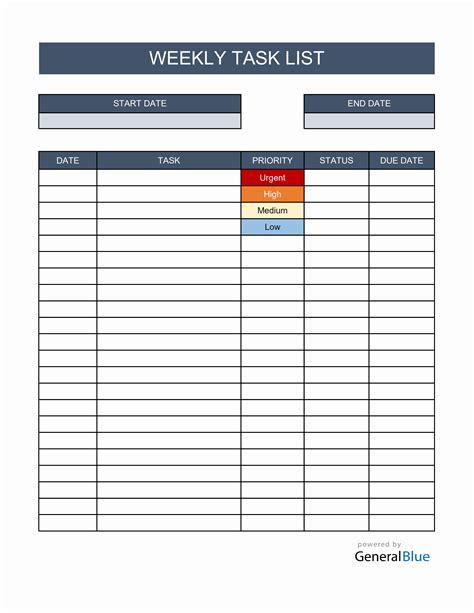 Weekly Task List Template in Excel