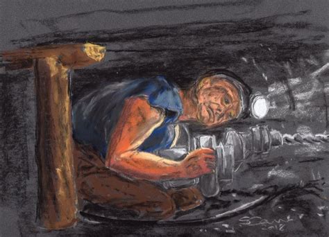 a drawing of a man working on a fire hydrant with a flashlight in his hand