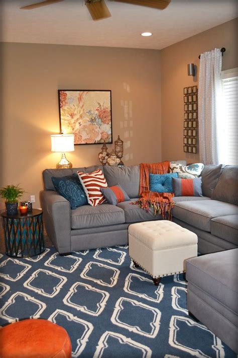 Tan, blue, orange, gray | Living room orange, Blue and orange living ...