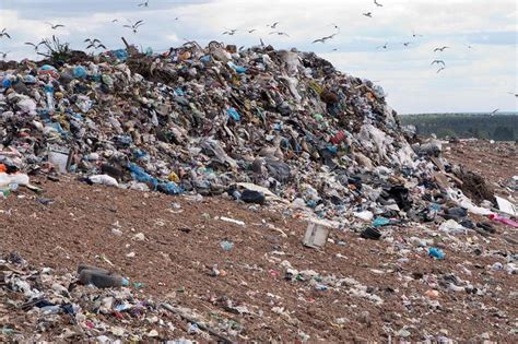 Garbage Dump. Garbage at a rubbish dump in a landfill site with a green ...