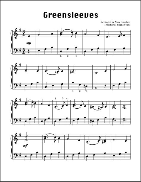 Greensleeves Easy Christmas Piano Sheet Music Printable PDF - Etsy