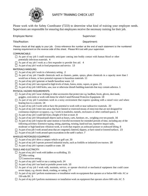 SAFETY TRAINING CHECK LIST Please work with the Safety ... Doc Template ...