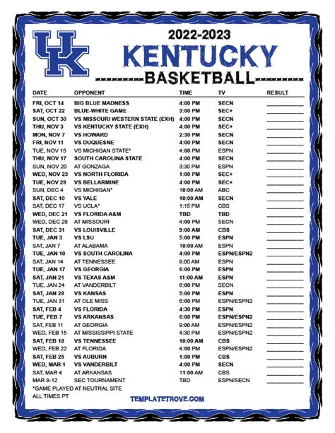 Printable 2022-2023 Kentucky Wildcats Basketball Schedule