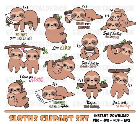 Sloth Clipart Cute Sleeping Sloths Clip Art Kawaii Hanging - Etsy ...