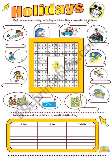 Holidays activities + Gerund after Verbs - ESL worksheet by mish.cz