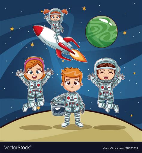 Astronauts kids on space cartoon Royalty Free Vector Image