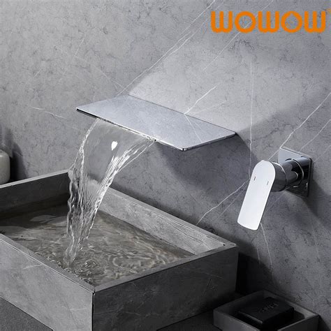 WOWOW Wall Mount Waterfall Single Handle Brushed Brass Bathroom Faucet