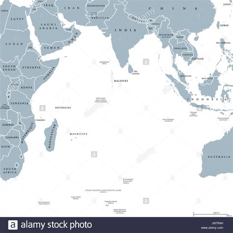 Indian Ocean political map with countries and borders. English labeling ...