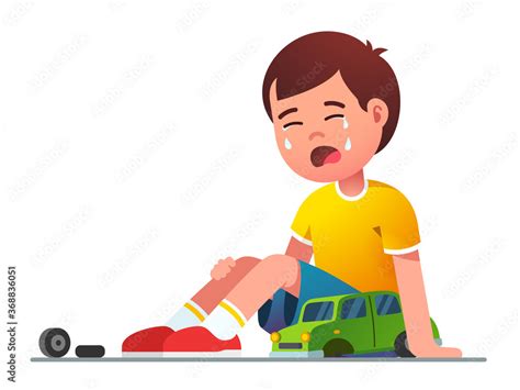 Sad boy kid sitting crying over broken toy car Stock Vector | Adobe Stock