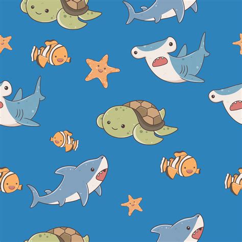 fish and wild marine animals seamless wallpaper on blue background ...