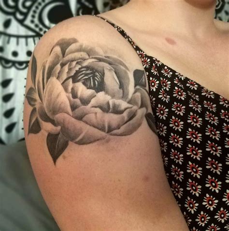 Black and grey Peony tattoo done by apprentice Ericka Blair at Diadem ...