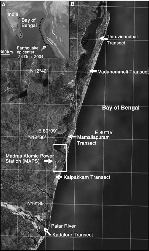 Location map of the Kalpakkam coast of southeast India struck by the ...