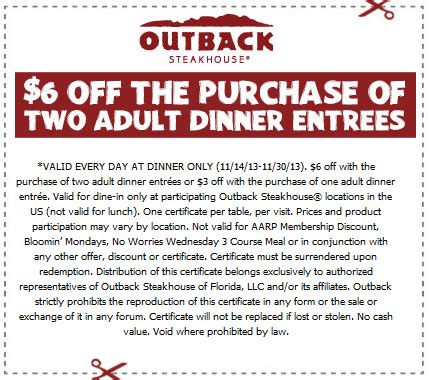 Outback Steakhouse $6 off 2 Entrees Coupon - Coupon Crazy Girl