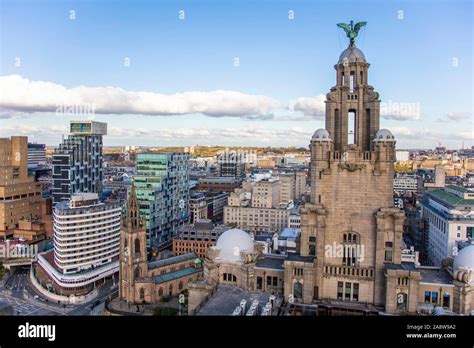 Liverpool, UK - October 30 2019: High aerial view of the Royal Liver ...