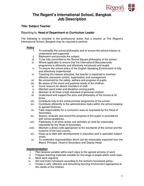 Job description subject teacher by The Regent's International School ...