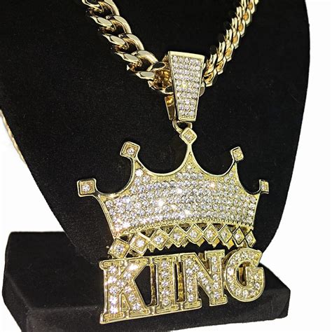 Crown King Pendant Cuban Link Chain Gold Finish Necklace 30" | Gold ...