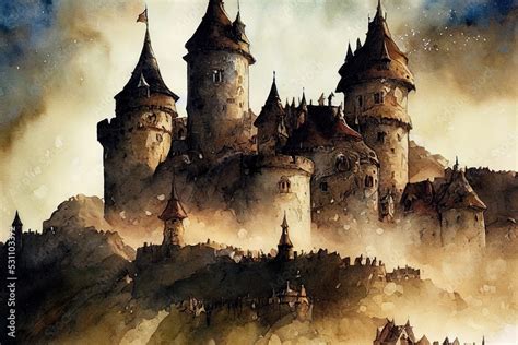 Medieval fantasy castle illustration. Watercolor painting of imaginary ...