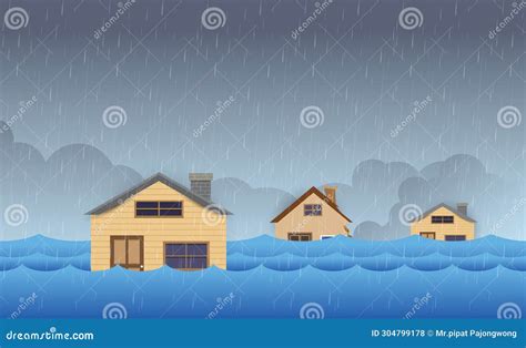 Flood Natural Disaster with House, Heavy Rain and Storm , Damage with ...