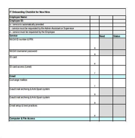 it services onboarding checklist excel format template download Make A ...