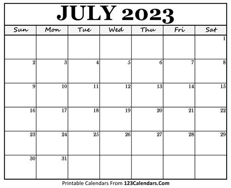 July 2023 Calendar Printable - 123calnedars.com｜123Calendars.com