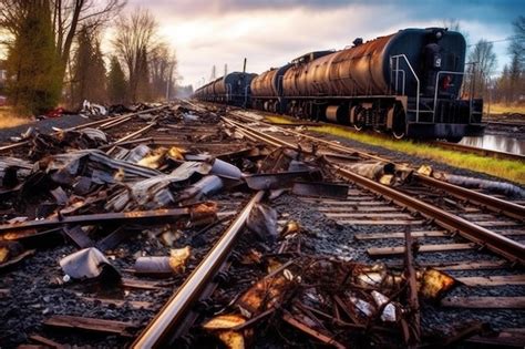 Premium AI Image | Remnants of cargo spilled around train derailment