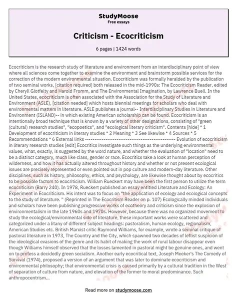 Criticism - Ecocriticism Free Essay Example