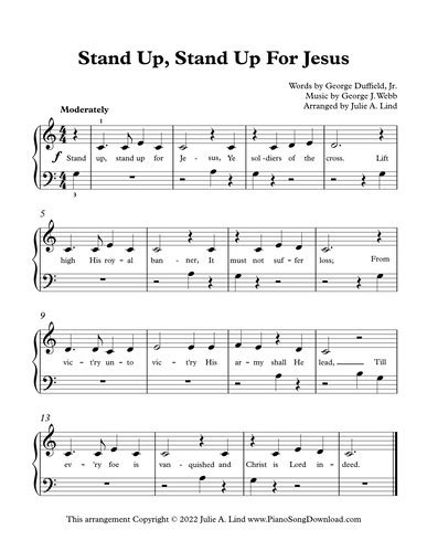 Stand Up, Stand Up For Jesus, free easy hymn sheet music for piano with ...