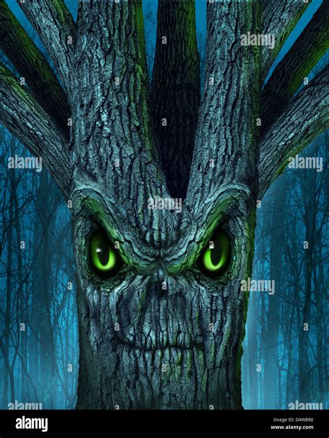 Haunted tree with a mythical dark forest and an evil plant shaped as a ...