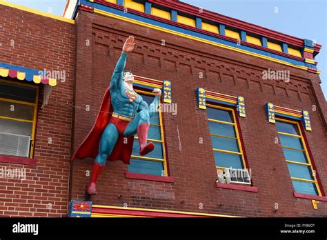 Metropolis, IL, USA – March 25, 2016: Statue of Superman flying outside ...