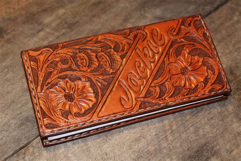 Custom floral carved leather checkbook cover | Leather checkbook cover ...