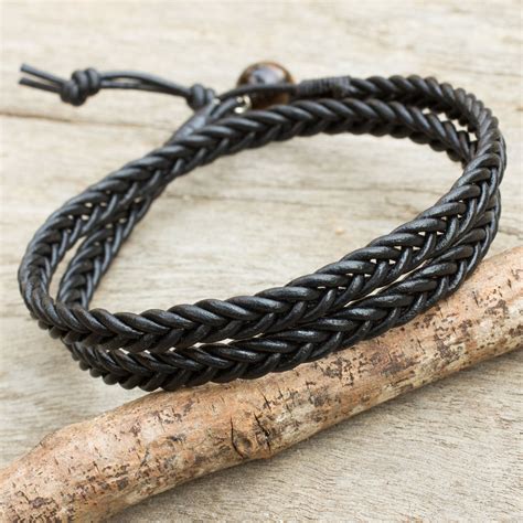 Mens Hand Braided Black Leather Wrap Bracelet - Double Ebony | NOVICA