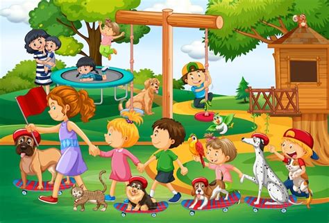 Premium Vector | Playground scene with children playing with their animals