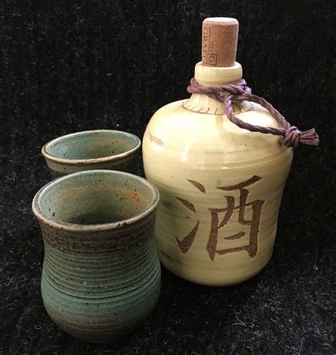 Antiqued Sake Bottle and Cups | Scheuer Ceramics