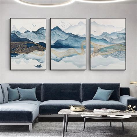 Set of 3 wall art framed painting Abstract mountain Gold line Acrylic ...