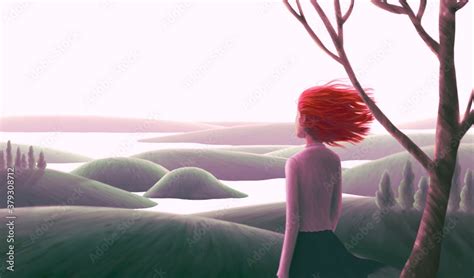 Surreal artwork of lonely woman on hill, painting art, conceptual ...