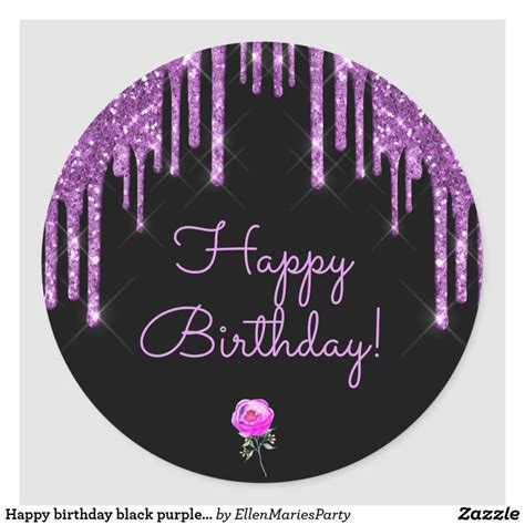 Happy birthday black purple glitter sparkle pink classic round sticker ...