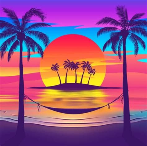 Tropical Beach at Sunset with Island | Sunset canvas painting, Beach ...