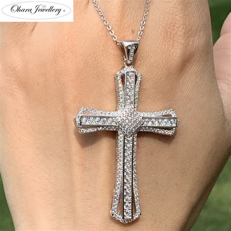 925 Solid Sterling Silver Large Cross Cubic Zirconia Women Necklace ...