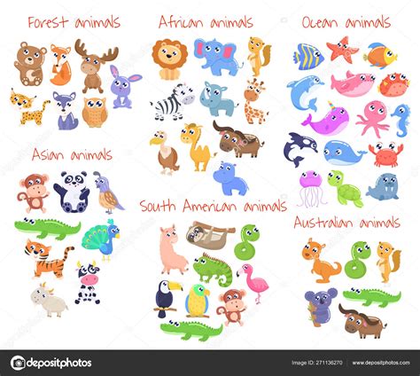 Illustration de Gros ensemble d'animaux de dessin animé mignons. Forêt ...